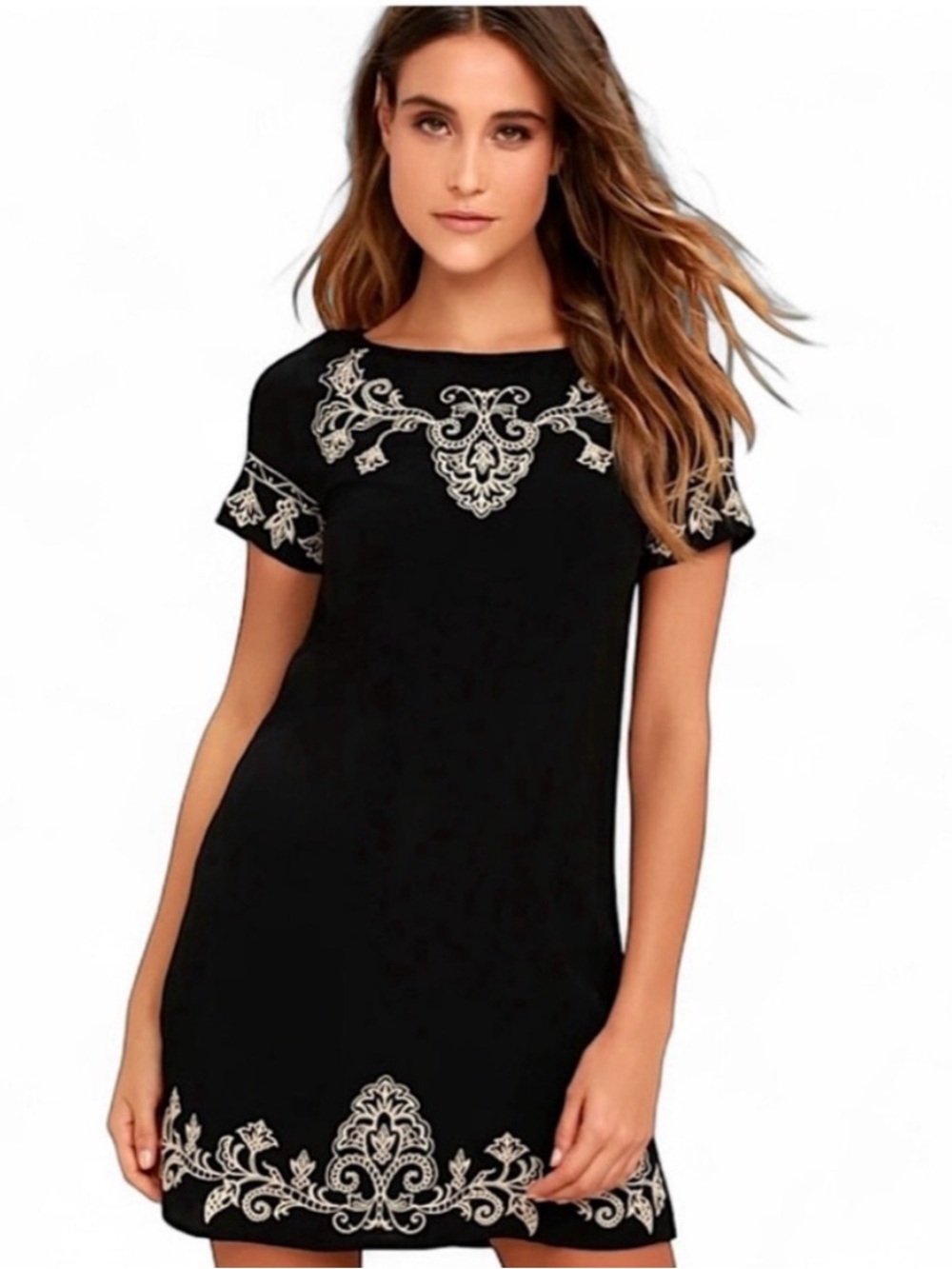 Lulu's Black Dress with White Embroidered Accents Size XL